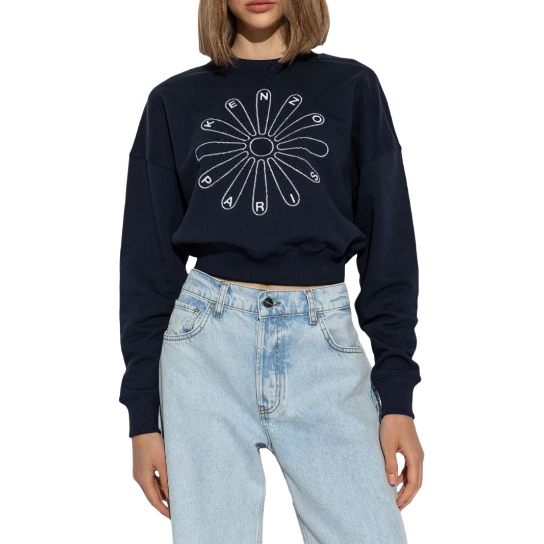 Shop (Women) KENZO SS24  Navy Blue Pullover Sweatshirt with Embroidered Logo. FE62SW1564MI-79