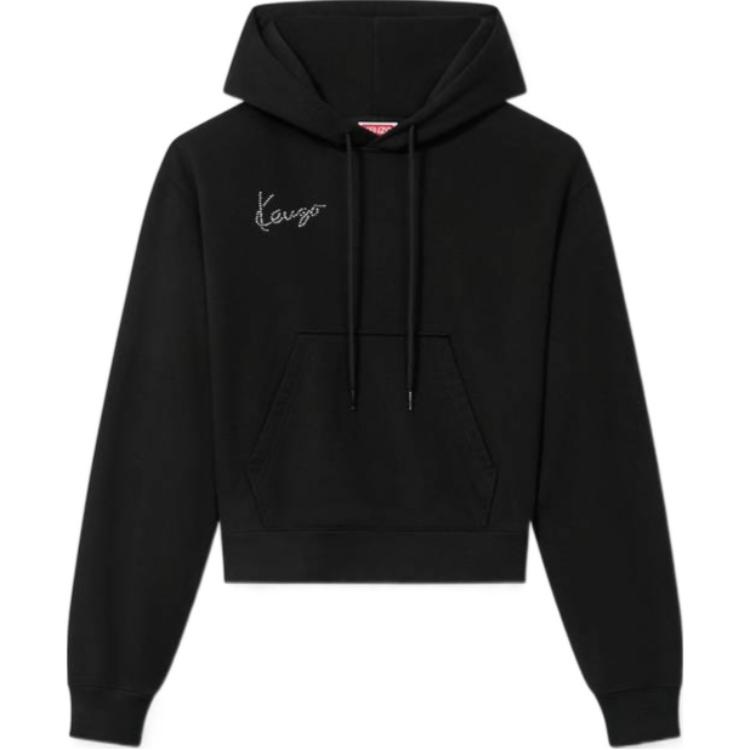 (Women) Kenzo SS24 Black Cropped Hoodie with Logo Embroidery FE62SW1544MF-99J