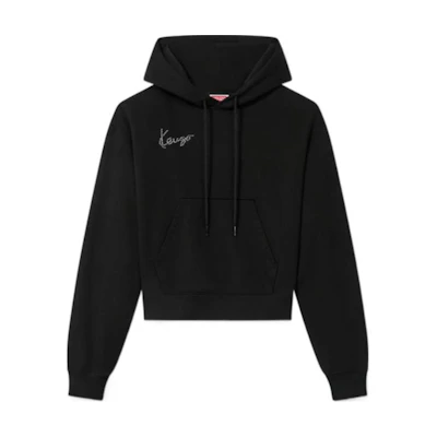 (Women) Kenzo SS24 Black Cropped Hoodie with Logo Embroidery FE62SW1544MF-99J