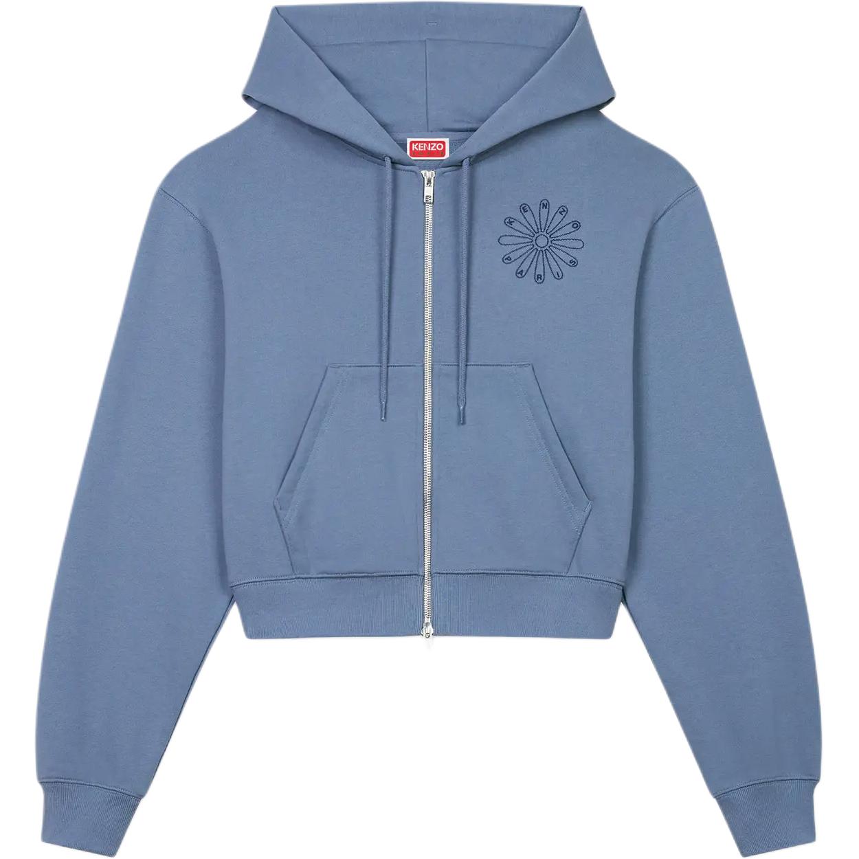 (Women) Kenzo SS24 Blue Zigzag Embroidered Badge Cropped Zip-Up Hoodie FE62SW1524MI-67