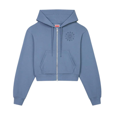 (Women) Kenzo SS24 Blue Zigzag Embroidered Badge Cropped Zip-Up Hoodie FE62SW1524MI-67