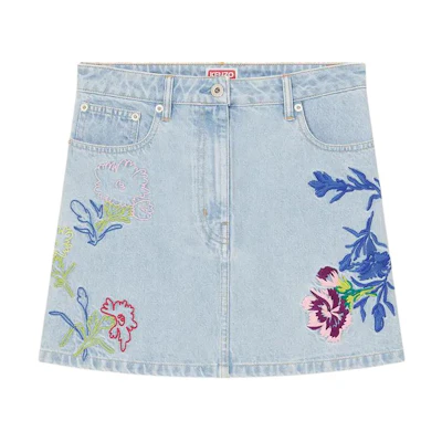 (Women) KENZO SS24 Floral Embroidered Denim Skirt Mid-Rise Zip Closure Blue Women’s. FE52DJ2806B4-DT