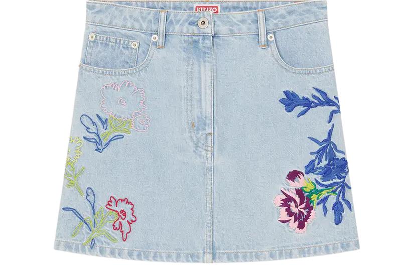 Order (W) ケンゾー SS24 フローラル刺繍デニムスカート ミッドライズ ジップブルー レディース. FE52DJ2806B4-DT