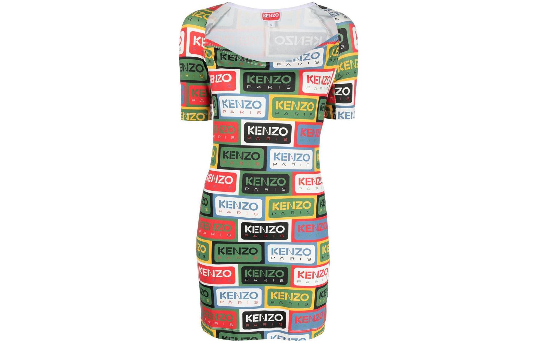(Women) KENZO SSS23 Multicolor Letter Print V-Neck Bodycon Short Sleeve Dress Women FD52RO7294SN-MU