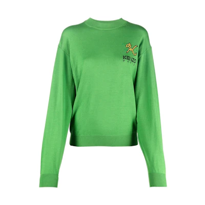 (Women) KENZO Tiger Tail FW22 Logo Crewneck Cashmere Sweater Green FC62PU3413LA-57