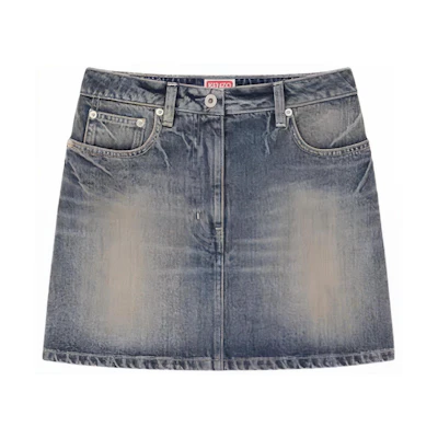 (Women) KENZO Washed Vintage Letter Print Mid-Rise Denim Mini Skirt Women Dirty Blue FE52DJ2806I7-DY
