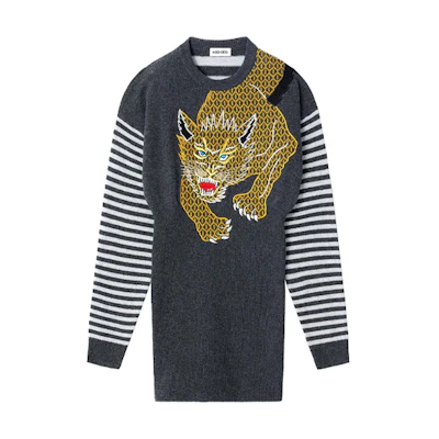 (Women) KENZO Kansai Yamamoto Animal Embroidery Striped Wool Dress - Grey. FB52RO5403AE-99