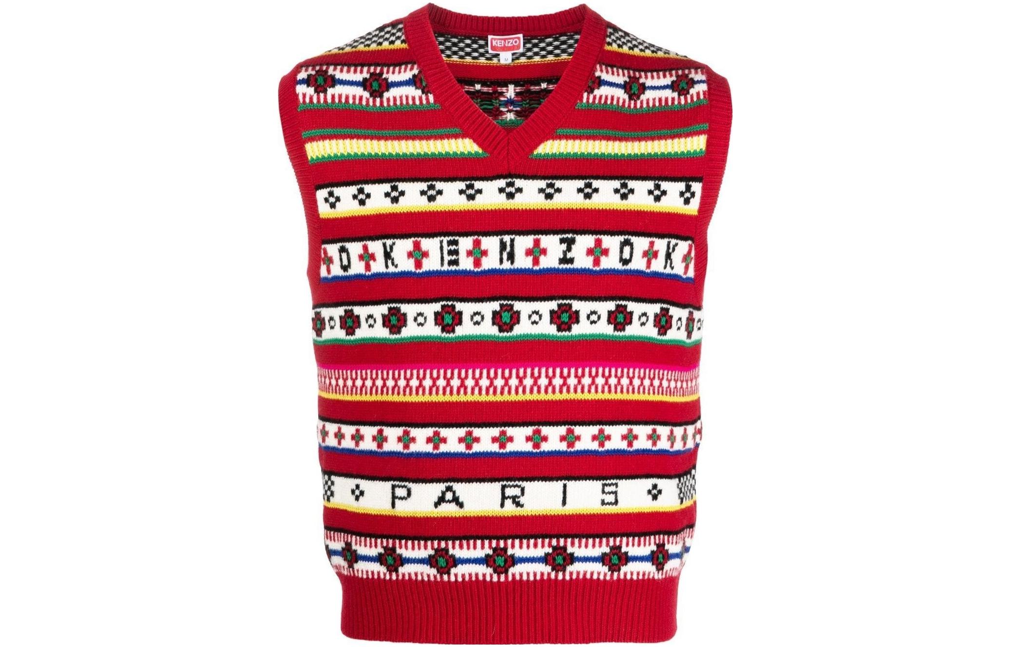 (Women) KENZO x Nigo FW22  University V-Neck Sleeveless Pattern Vest Red. FC65PU3183CH-21