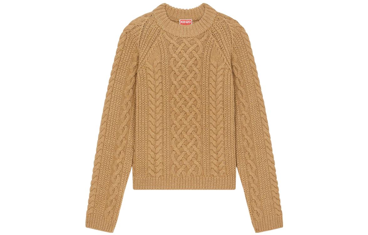 (Women) KENZO Nigo Western Flower FW22 Brown Wool Cable Knit Sweater . FC62PU3113AB-02-BEIGE