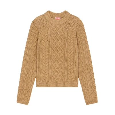 (Women) KENZO Nigo Western Flower FW22 Brown Wool Cable Knit Sweater . FC62PU3113AB-02-BEIGE