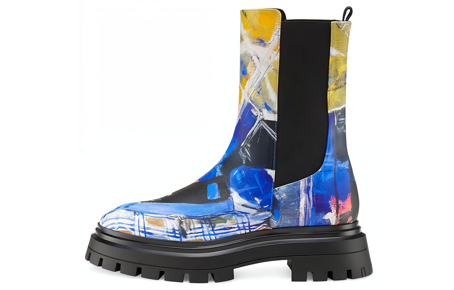 (Women) KidSuper x Stuart Weitzman Bedford Chelsea Boots Multicolor Leather Block Heel SW3301094 Multicolor