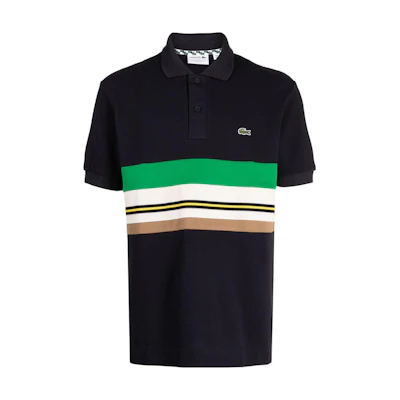 (Women) LACOSTE Black Striped Short Sleeve Polo Shirt with Logo Crocodile Design. PH1132-HDE
