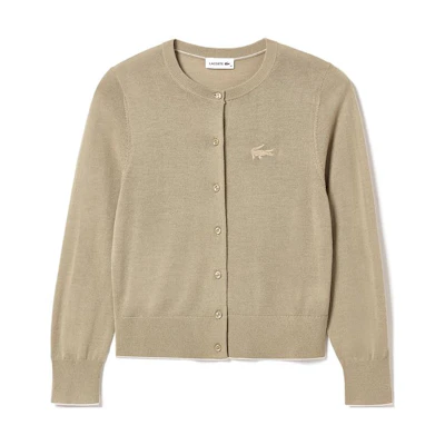 (Women) LACOSTE Camel Crewneck Knit Cardigan with Crocodile Embroidery. AF1020-131085-CB8