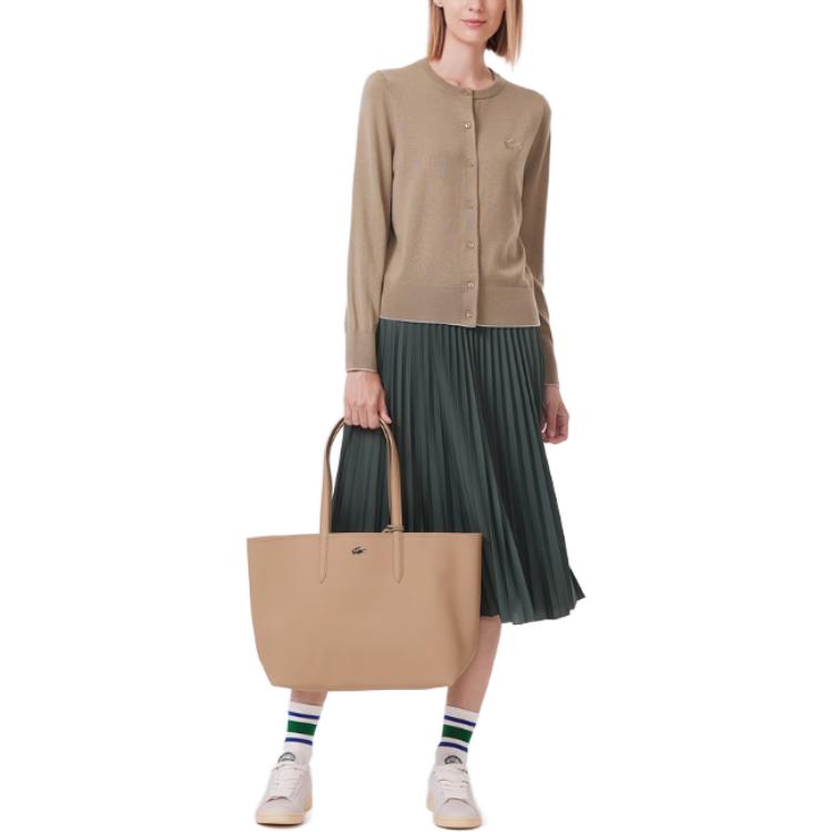 Shop (Women) LACOSTE  Camel Crewneck Knit Cardigan with Crocodile Embroidery. AF1020-131085-CB8