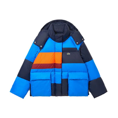 (Women) LACOSTE FW23 Colorblock Down Jacket Blue Orange Warm Long Sleeve. BF5831-IZR