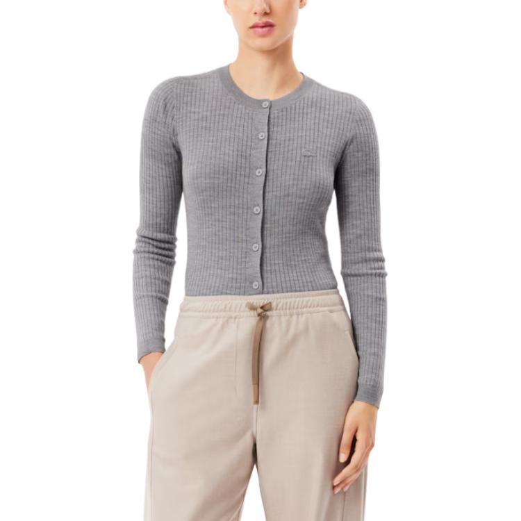 Lookbook (W) 라코스테 그레이 애니멀 패턴 크루넥 가디건 스웨터 롱슬리브. AF2560-CCA