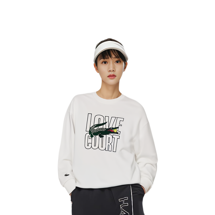 Lookbook (Women) LACOSTE  Ivory Pullover Sweatshirt with Letter and Smiley Face Design. SH9230-70V