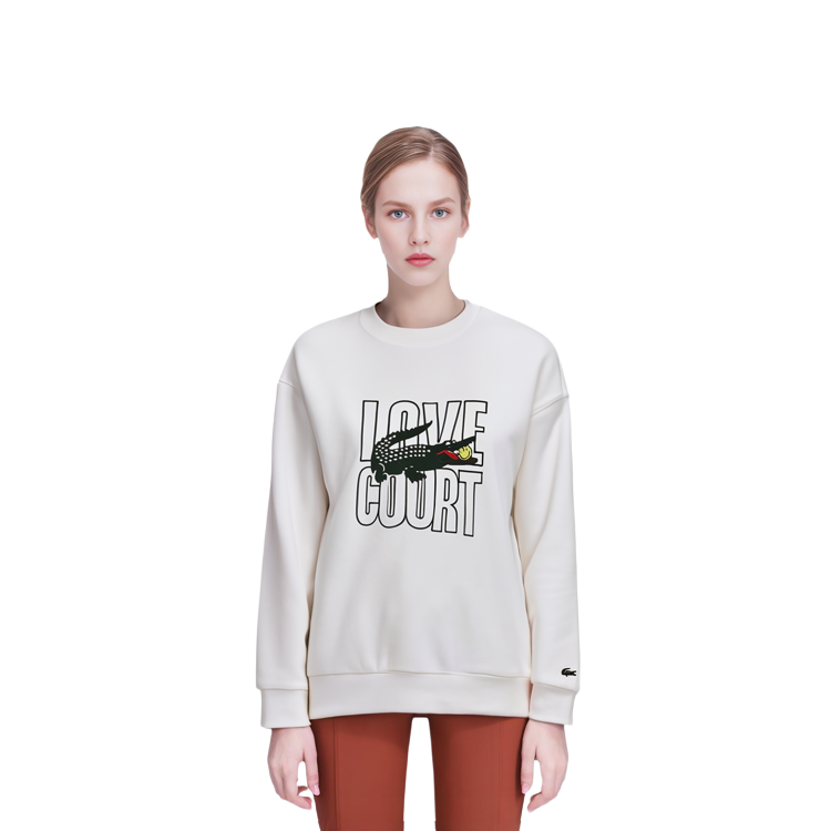 Shop (Women) LACOSTE  Ivory Pullover Sweatshirt with Letter and Smiley Face Design. SH9230-70V