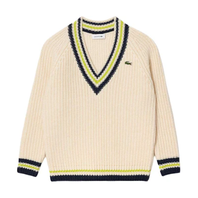 (Women) Lacoste Loose-Fit Colorblock V-Neck Sweater Beige AF2563-I63