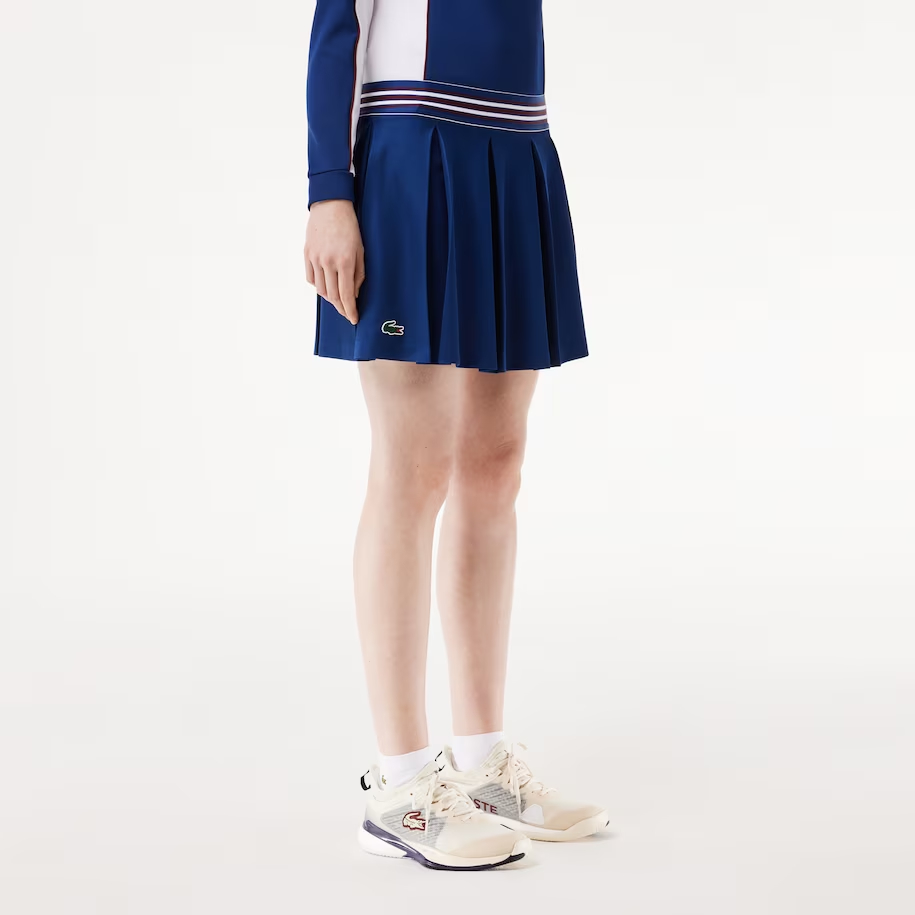 Lookbook (Women) LACOSTE  Pleated Striped A-Line Mid-Rise Casual Skirt Cyan Blue. JF0990-F9F
