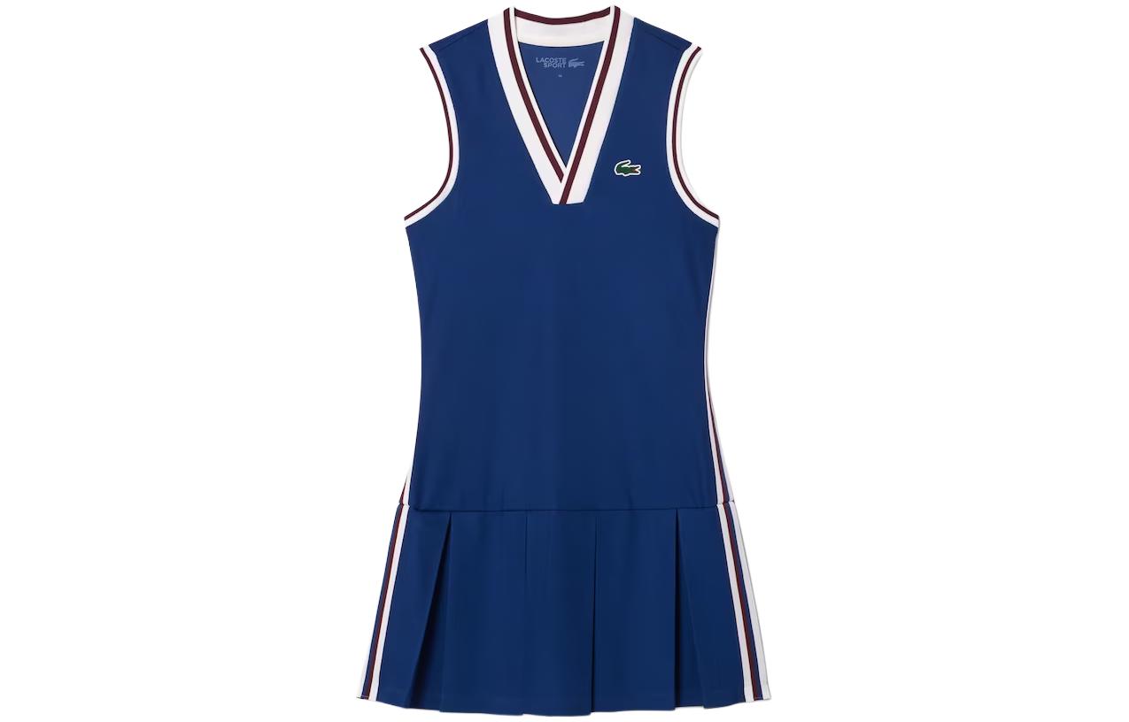 (Women) LACOSTE  Striped V-Neck Pleated Sleeveless Dress Deep Blue. EF1031-PIM