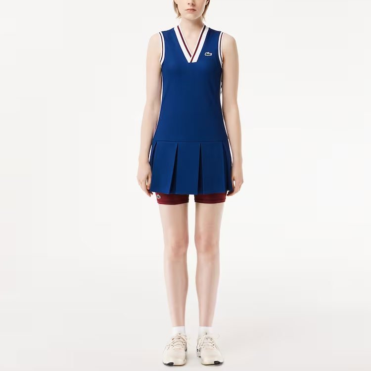 Lookbook (Women) LACOSTE  Striped V-Neck Pleated Sleeveless Dress Deep Blue. EF1031-PIM