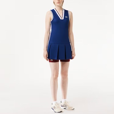 (Women) LACOSTE Striped V-Neck Pleated Sleeveless Dress Deep Blue. EF1031-PIM Shop (Women) LACOSTE Striped V-Neck Pleated Sleeveless Dress Deep Blue. EF1031-PIM