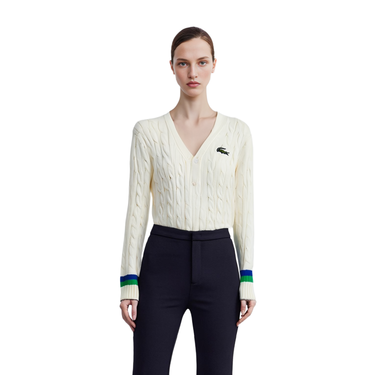 Details for (W) Lacoste V領開襟毛衣 象牙白 學院風格. AH2114-P4I