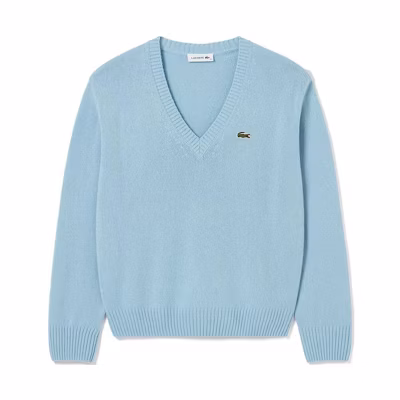 (Women) LACOSTE V-Neck Long Sleeve Cashmere Sweater Snow Blue AF0402
