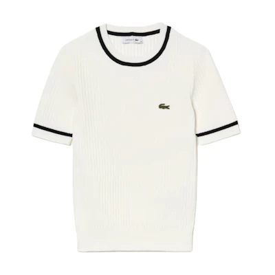 (Women) LACOSTE White Seamless Knit Short-Sleeve Sweater Crewneck. AF6946-51