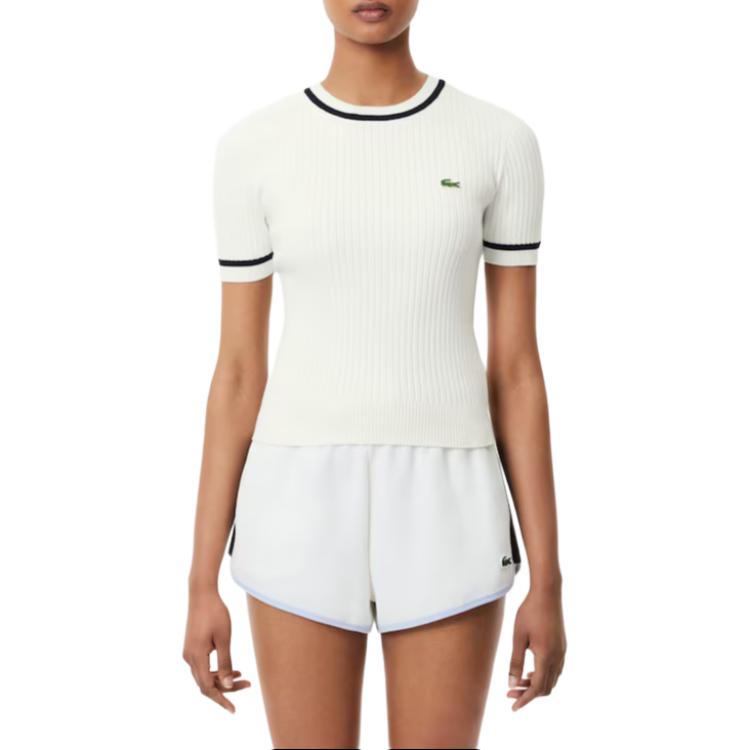 Lookbook (W) LACOSTE Suéter Blanco Tejido Seamless de Manga Corta con Cuello Redondo. AF6946-51