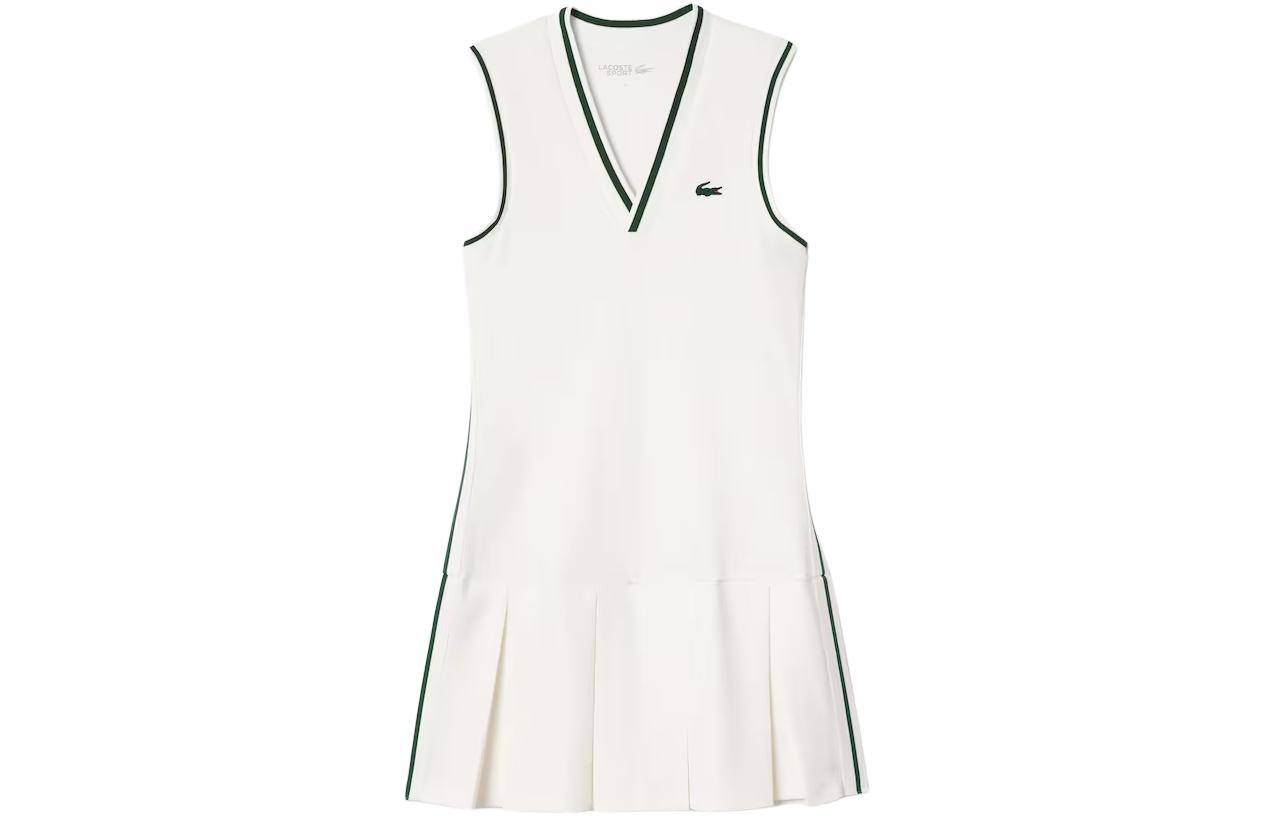 Order (Women) LACOSTE  White Striped V-Neck Sleeveless Pleated Short Dress. EF1031-7WJ