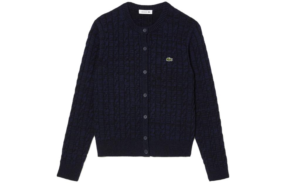 (Women) LACOSTE  Wool Blend Cable Knit Cardigan Blue - Slim Fit Long Sleeve Sweater. AF0904-L6L