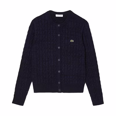 (Women) LACOSTE Wool Blend Cable Knit Cardigan Blue - Slim Fit Long Sleeve Sweater. AF0904-L6L
