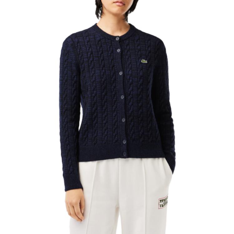 Shop (Women) LACOSTE  Wool Blend Cable Knit Cardigan Blue - Slim Fit Long Sleeve Sweater. AF0904-L6L
