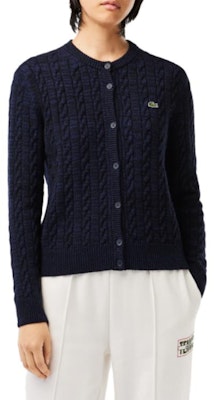 (Women) LACOSTE Wool Blend Cable Knit Cardigan Blue - Slim Fit Long Sleeve Sweater. AF0904-L6L Shop (Women) LACOSTE Wool Blend Cable Knit Cardigan Blue - Slim Fit Long Sleeve Sweater. AF0904-L6L