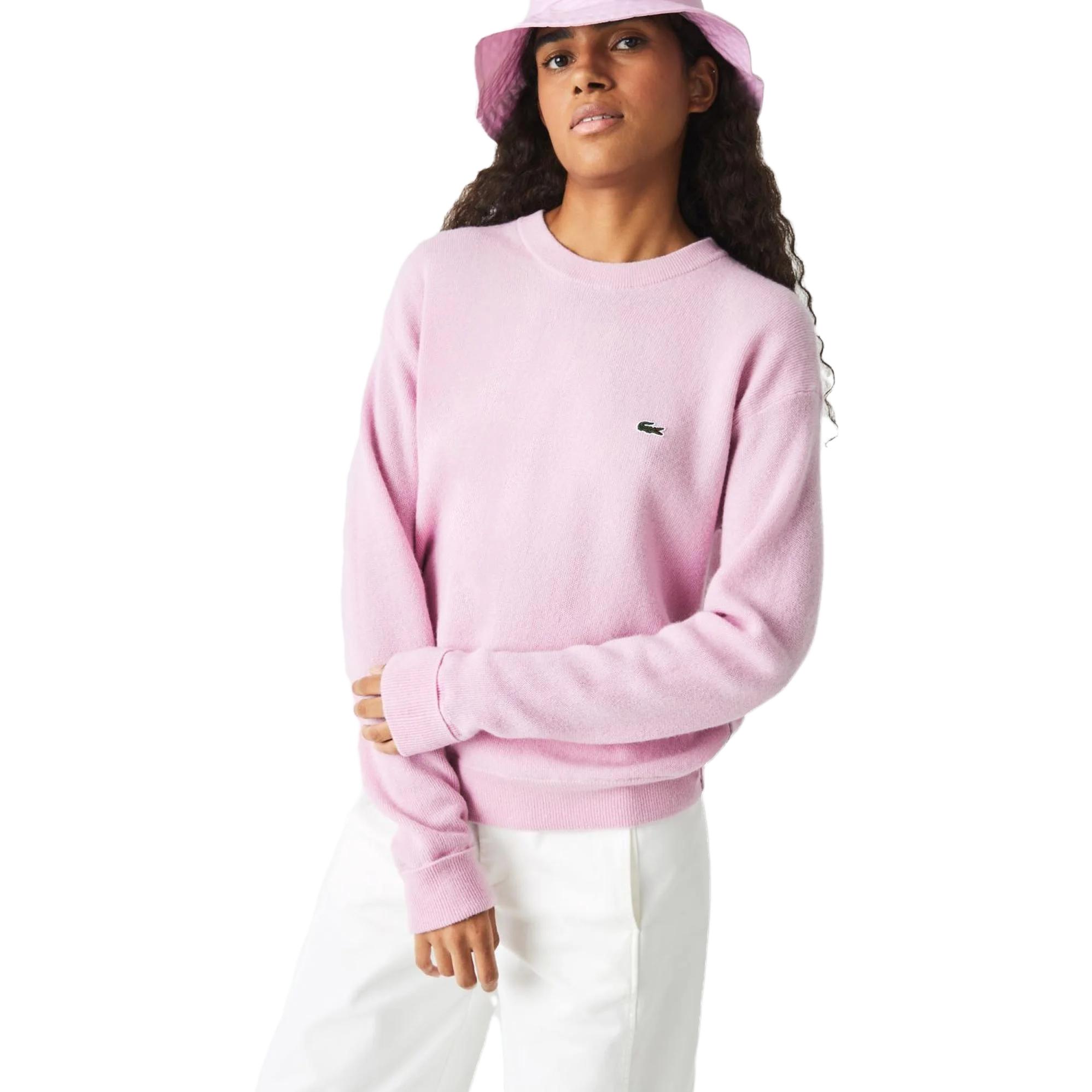 Shop (Women) Lacoste Pink Crewneck Sweatshirt - Solid Color Stylish Design AF9551-98