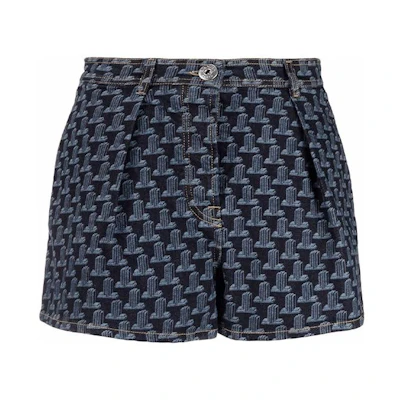 (Women) Lanvin SS22 Blue Mini Denim Shorts with Column Logo All-Over Print . RW-TR0115-D041-P22-29