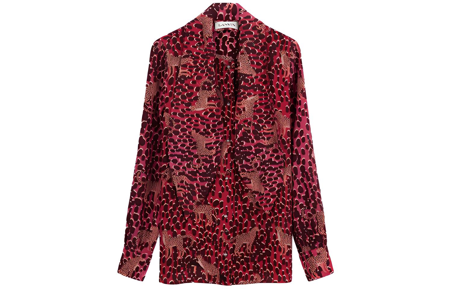 (Women) Lanvin SS22 Lucky Leopard Silk Long Sleeve Sun Protection Shirt Red (). RW-TOY015-5324-E223050