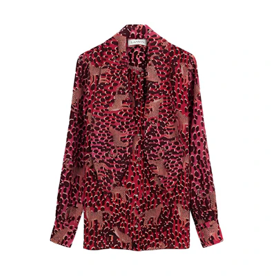 (Women) Lanvin SS22 Lucky Leopard Silk Long Sleeve Sun Protection Shirt Red (). RW-TOY015-5324-E223050