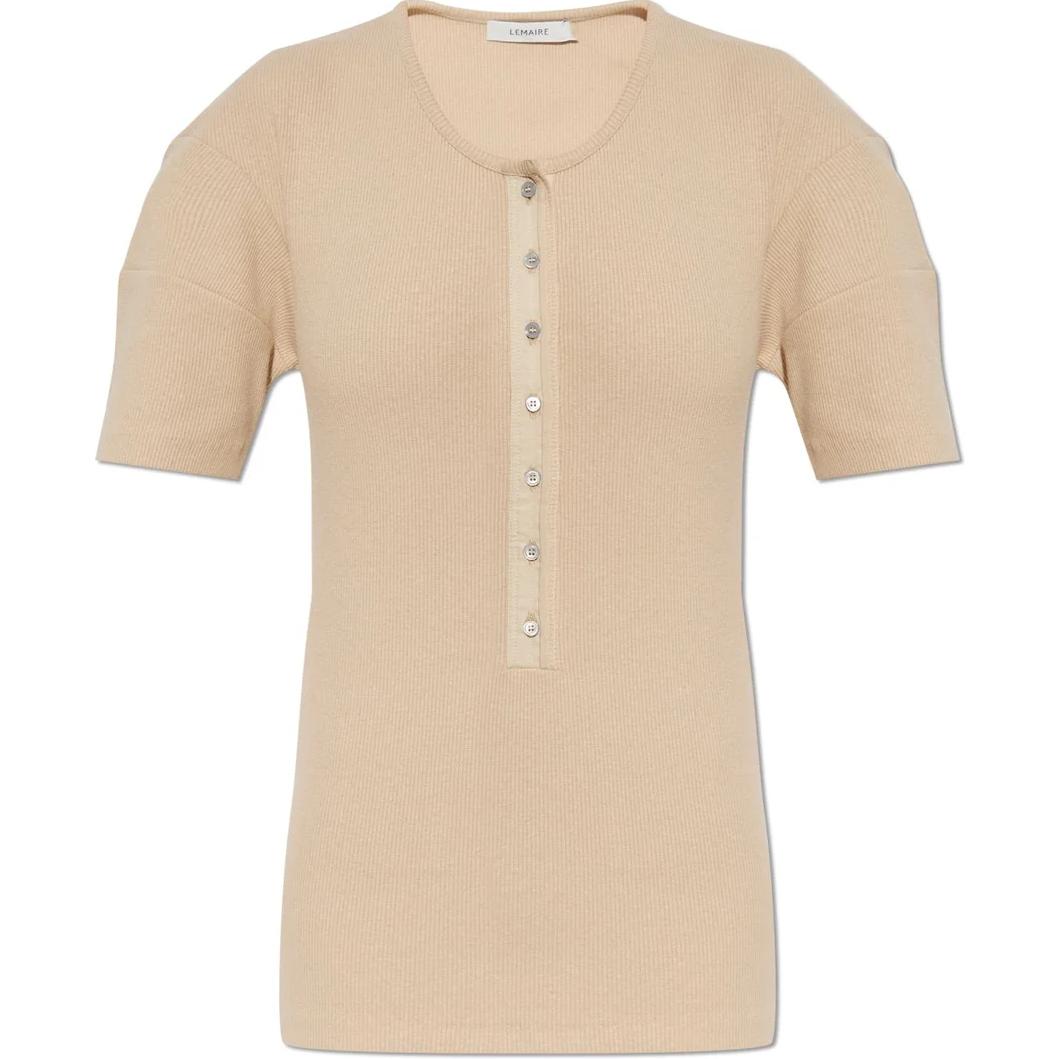 (Women) Lemaire  Beige Short Sleeve Knit Button-Up Crewneck Top. TO1350LJ1030-BG206