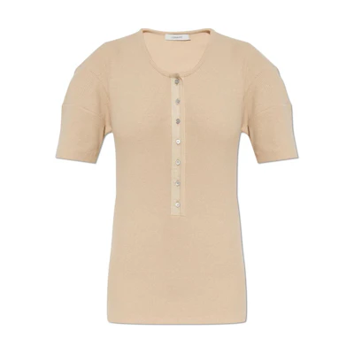 (Women) Lemaire Beige Short Sleeve Knit Button-Up Crewneck Top. TO1350LJ1030-BG206