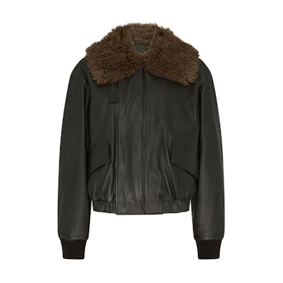 (Women) Lemaire Black French Pilot Leather Jacket Loose Fit Long Sleeve Winter Wear OW1043LL0095BR507