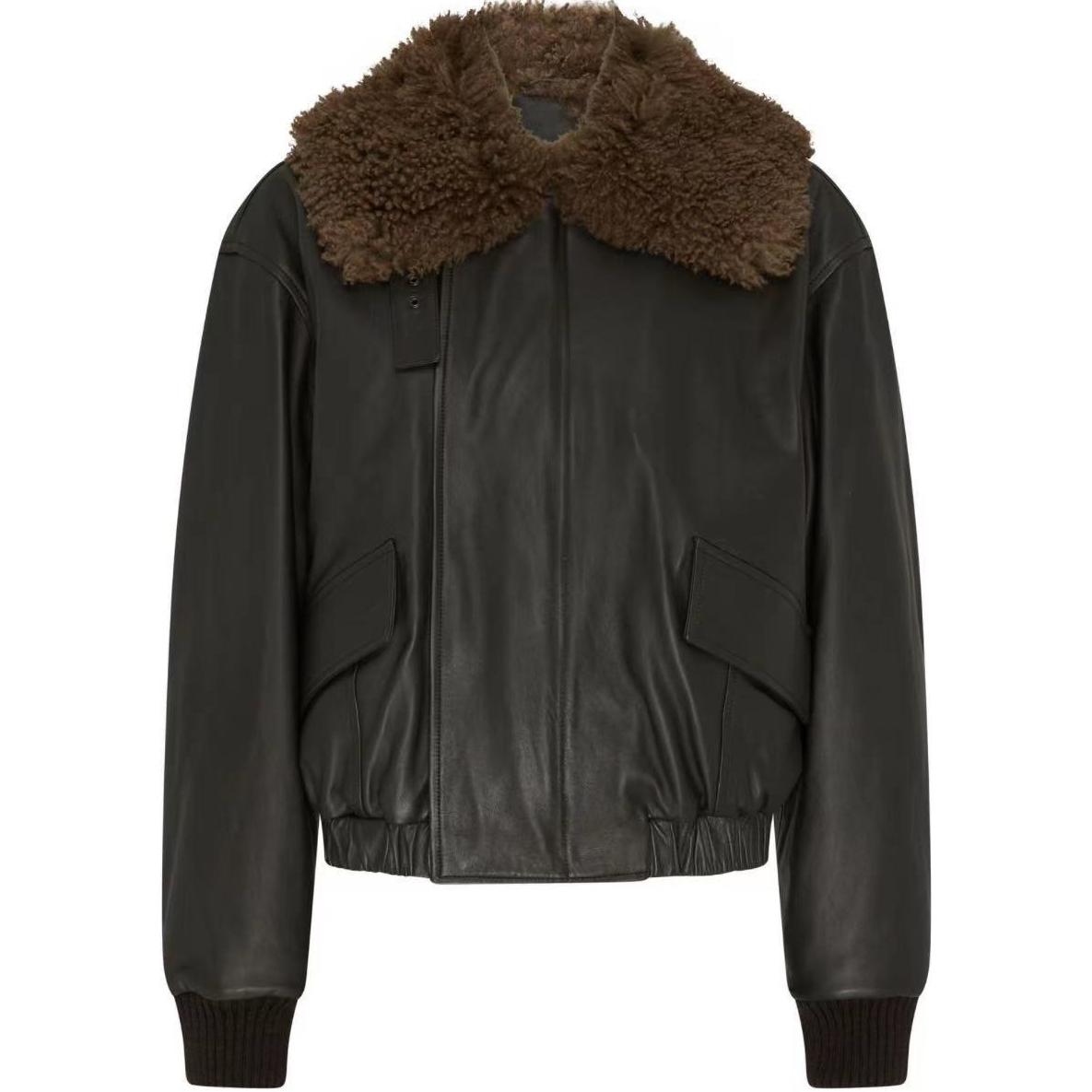 Order (W) Lemaire 黑色法式飛行員皮衣寬鬆長袖冬季外套 OW1043LL0095BR507