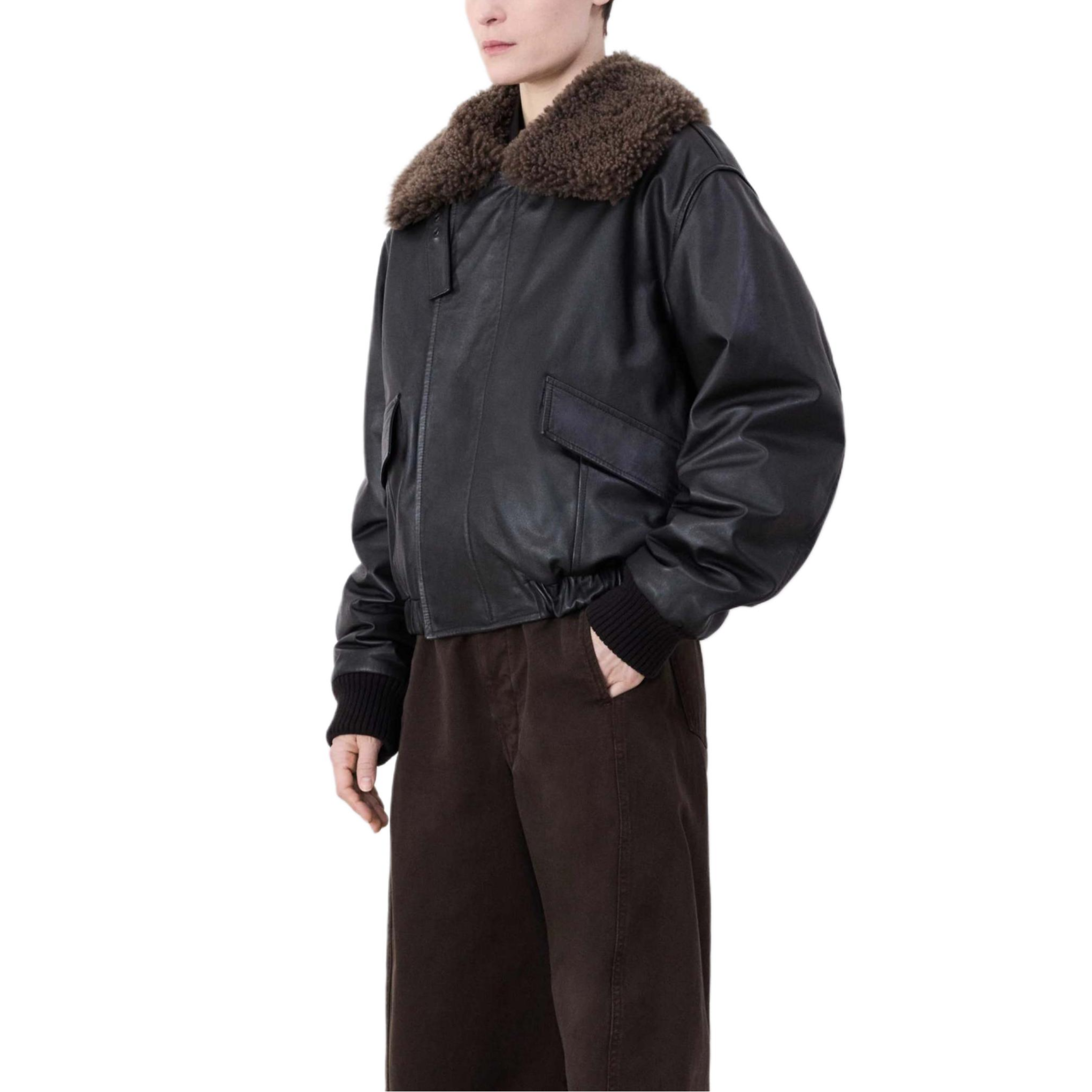 Shop (W) Lemaire 黑色法式飛行員皮衣寬鬆長袖冬季外套 OW1043LL0095BR507