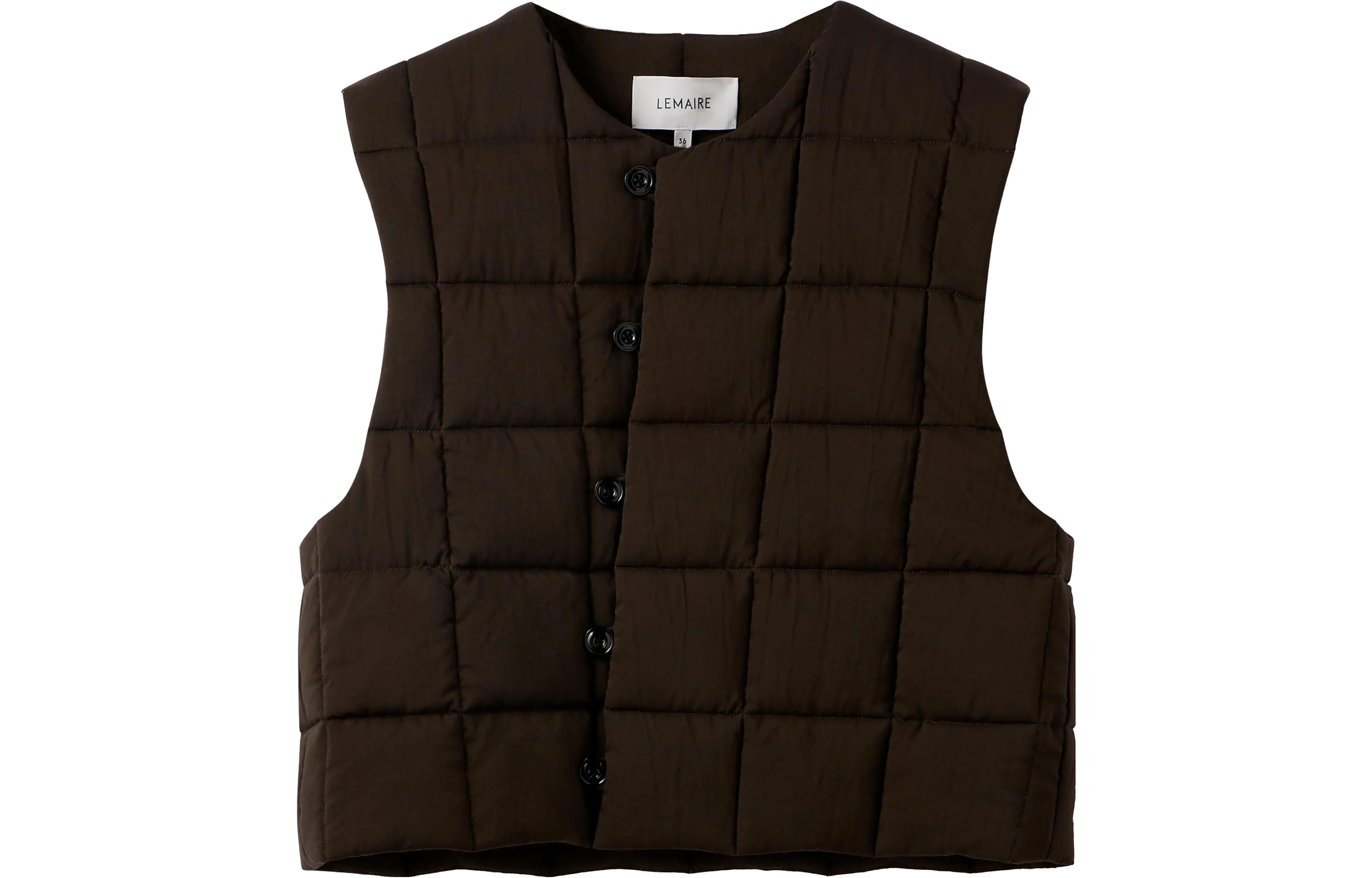 Order (W) Lemaire FW23 Wanita Vest Tanpa Lengan Single-Breasted Coklat Hutan. OW1032LF1120BR499