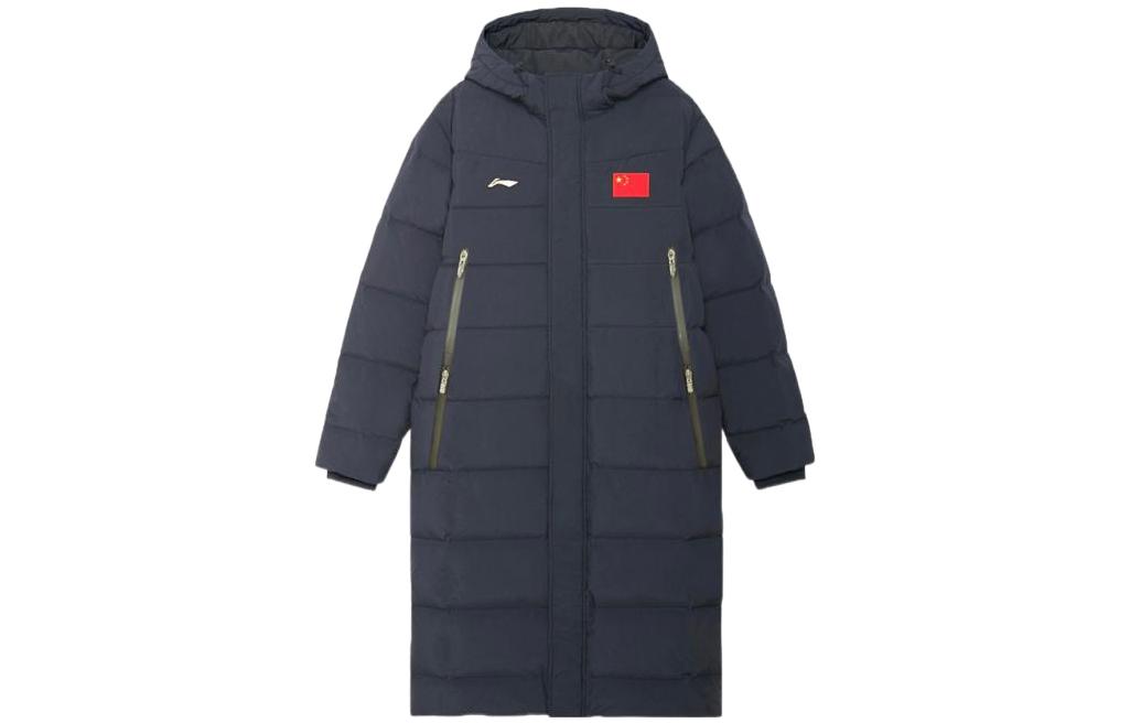 (Women) Li-Ning  Badminton Series Long Hooded Down Jacket Black with Flag Print. AYMS208-3