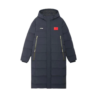 (Women) Li-Ning Badminton Series Long Hooded Down Jacket Black with Flag Print. AYMS208-3