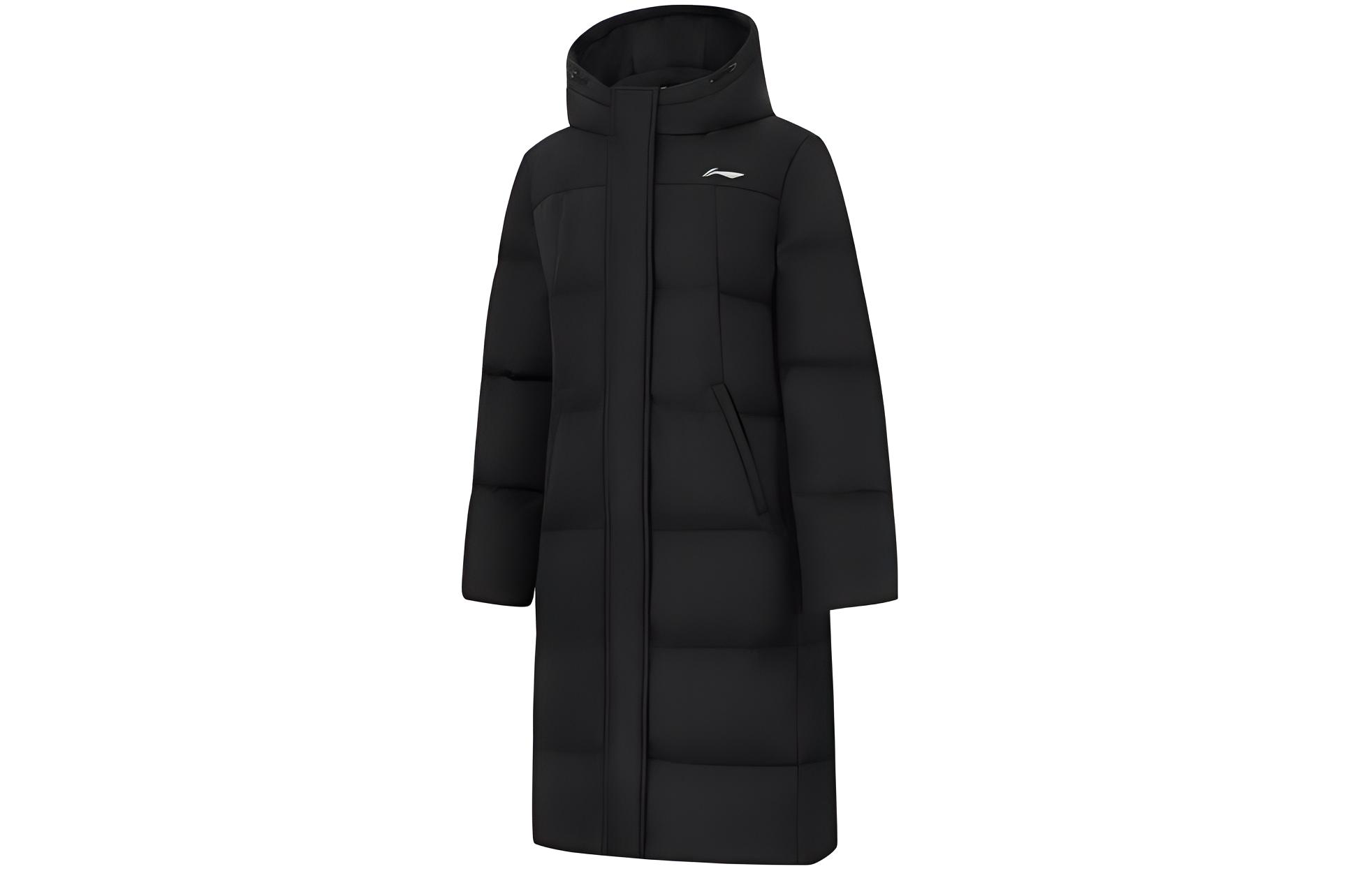 (Women) Li-Ning  Long Hooded Down Jacket Black Solid Color AYMT200-1