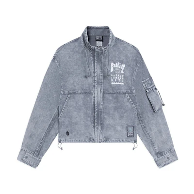 (Women) Li-Ning BADFIVE Denim Jacket for Women - Washed Gray with Graphic Print Design. AJDS336-1